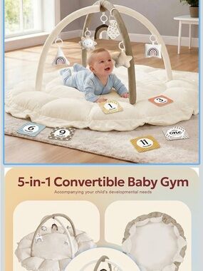 Convertible 5-in-1 Baby Gym Playmat – Cream & Taupe